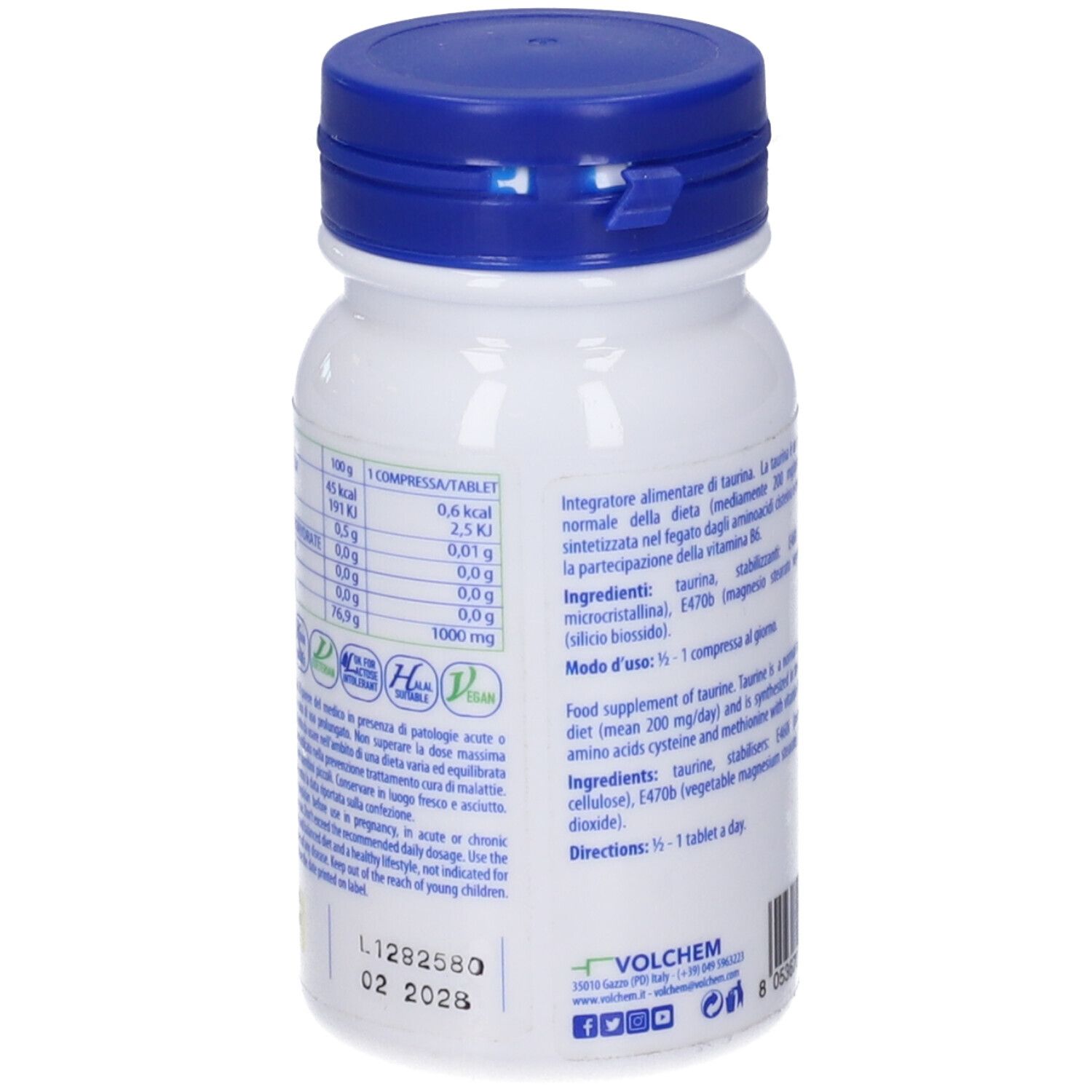 Retro di un flacone bianco con tappo blu. Testo: informazioni nutrizionali, ingredienti, modo d'uso. Data di scadenza.