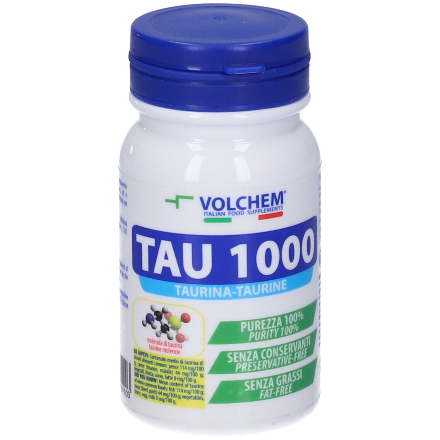 Flacone bianco con tappo blu. Scritta: TAU 1000, Taurina-Taurine. Purezza 100%, senza conservanti, senza grassi.