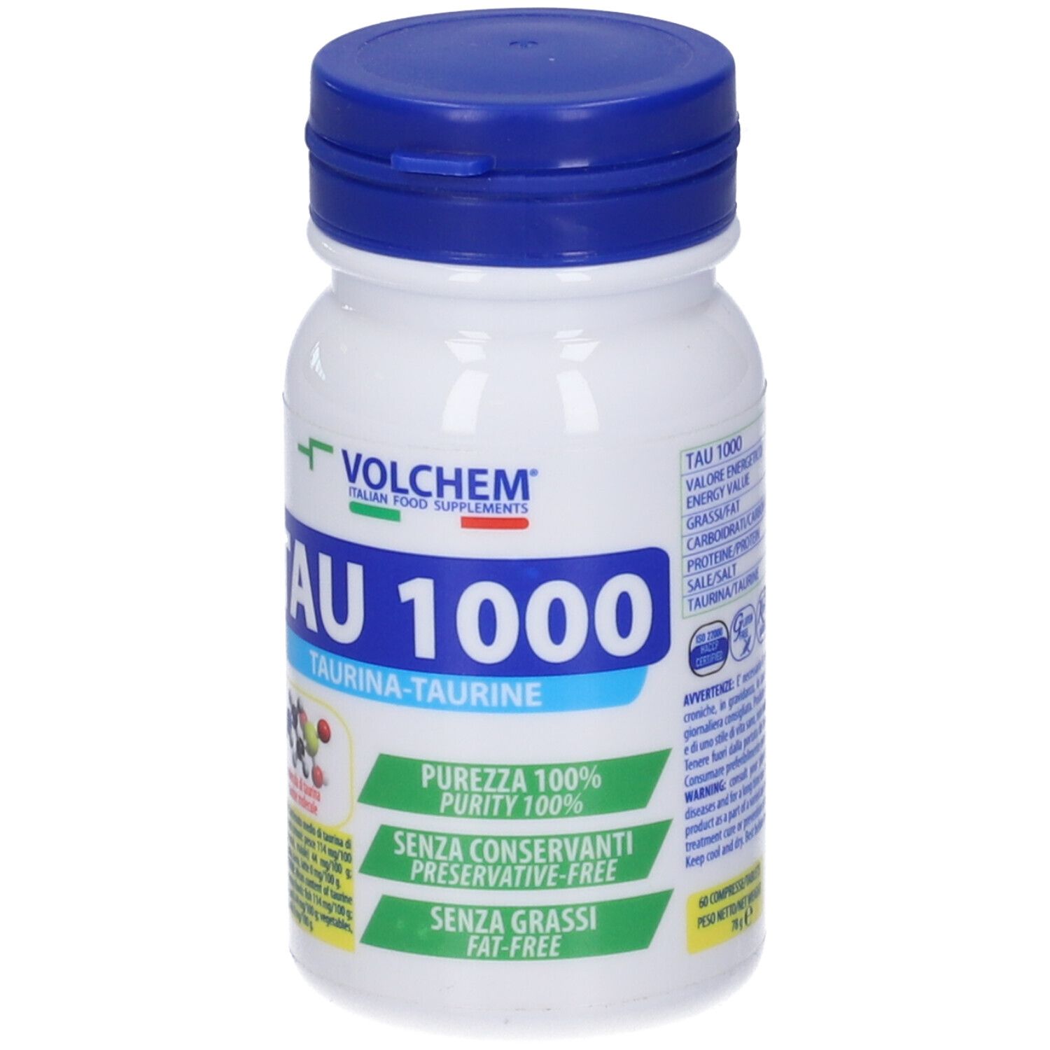 Flacone bianco con tappo blu. Scritta: TAU 1000, Taurina-Taurine. Purezza 100%, senza conservanti, senza grassi.