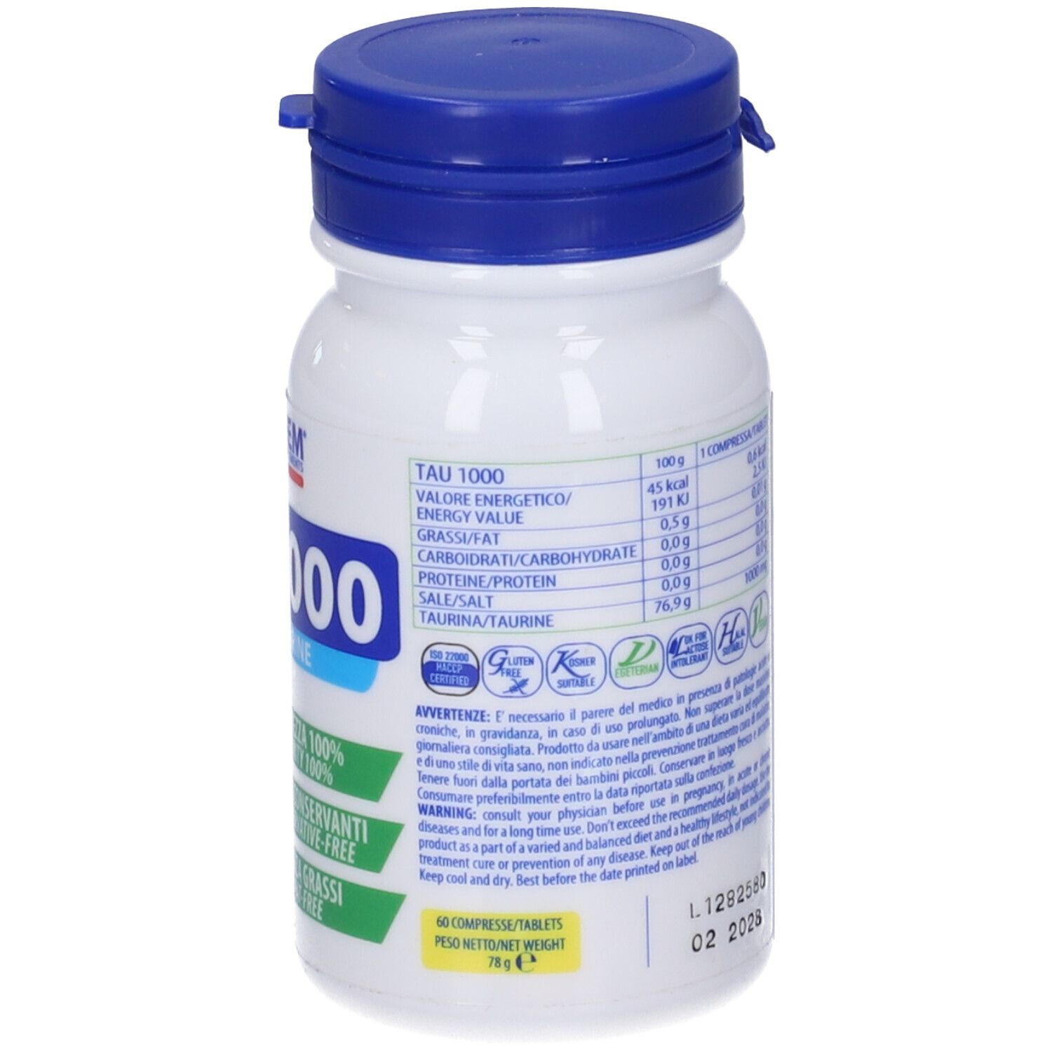 Retro di un flacone bianco con tappo blu. Testo: informazioni nutrizionali, avvertenze, data di scadenza.