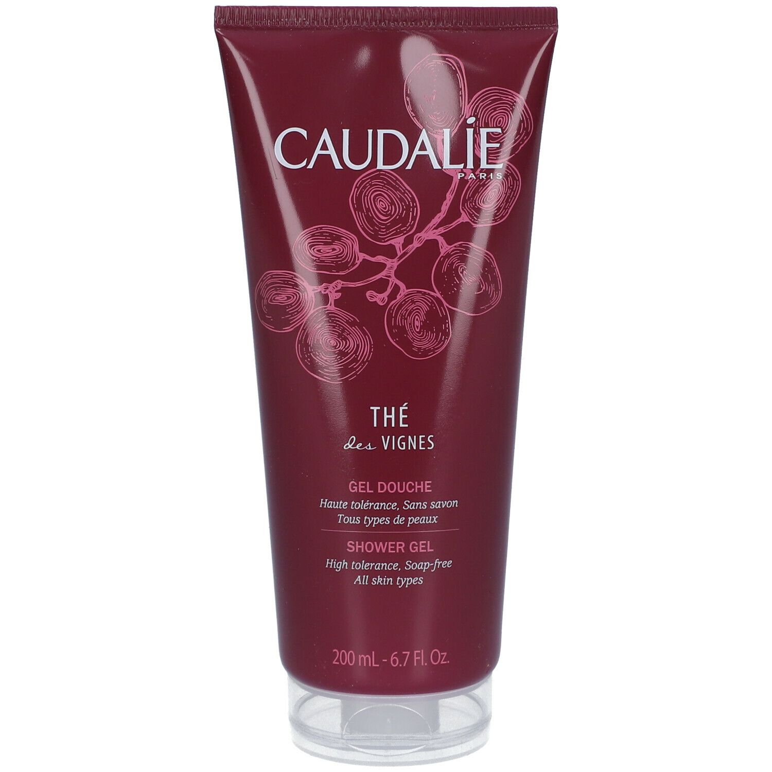 Tubo rosso scuro con testo bianco. Scritta CAUDALIE, Thé des Vignes. Testo: Gel Douche, Shower Gel. Scritta bianca.