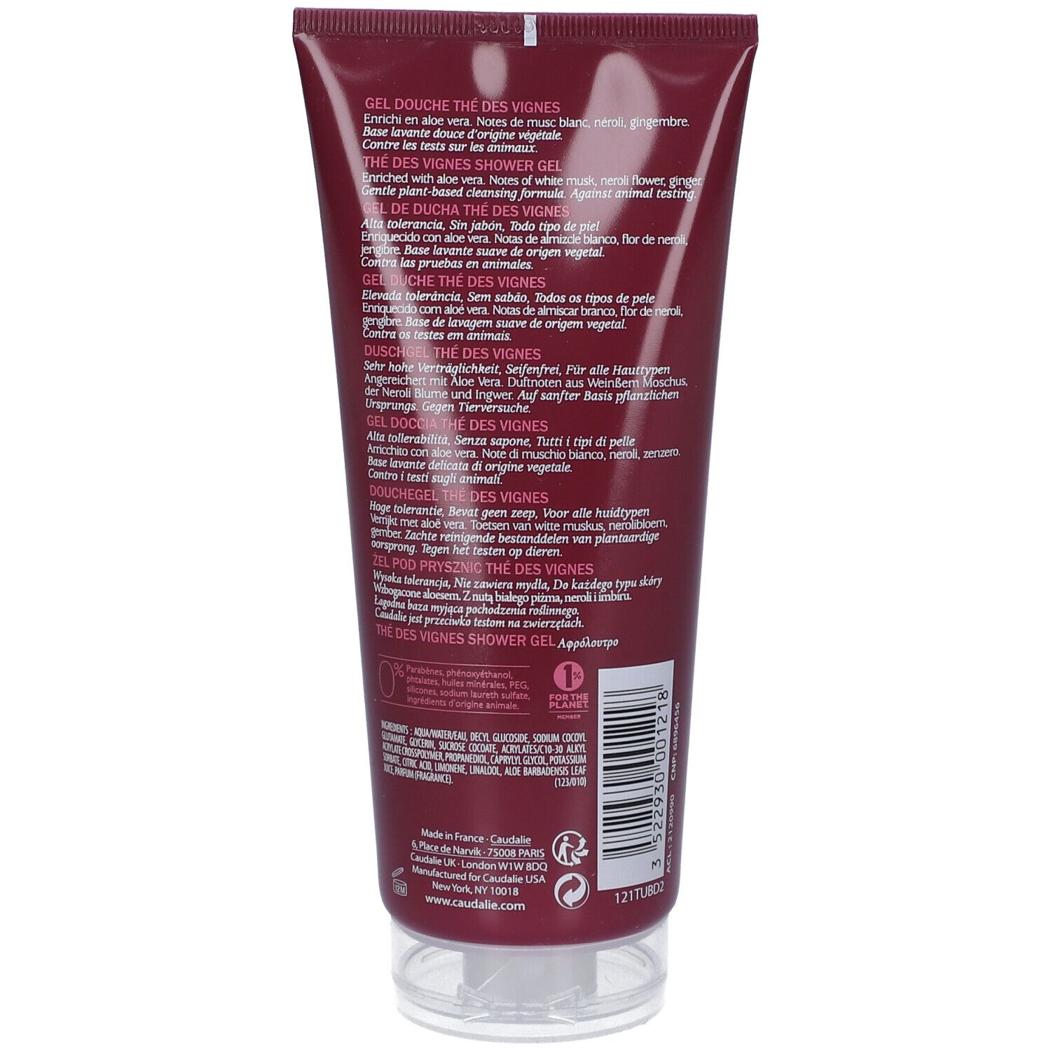 Retro di un tubo di gel doccia rosso scuro. Testo multilingue. Chiusura trasparente. Marchio CAUDALIE.