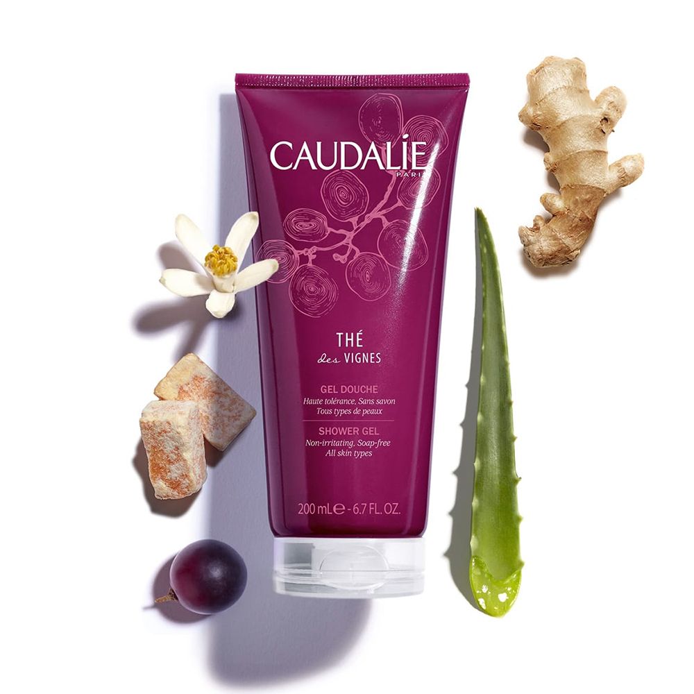 Tubo di gel doccia rosso scuro, con zenzero, aloe vera, uva, fiore e cubetti. Scritta CAUDALIE, Thé des Vignes.