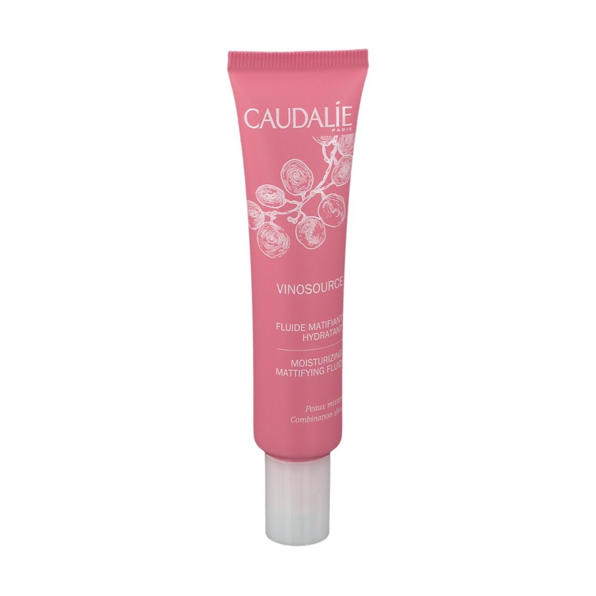 Tubo rosa con tappo bianco. Scritta: CAUDALIE, Vinosource, Fluide Matifiant Hydratant, Moisturizing Mattifying Fluid.