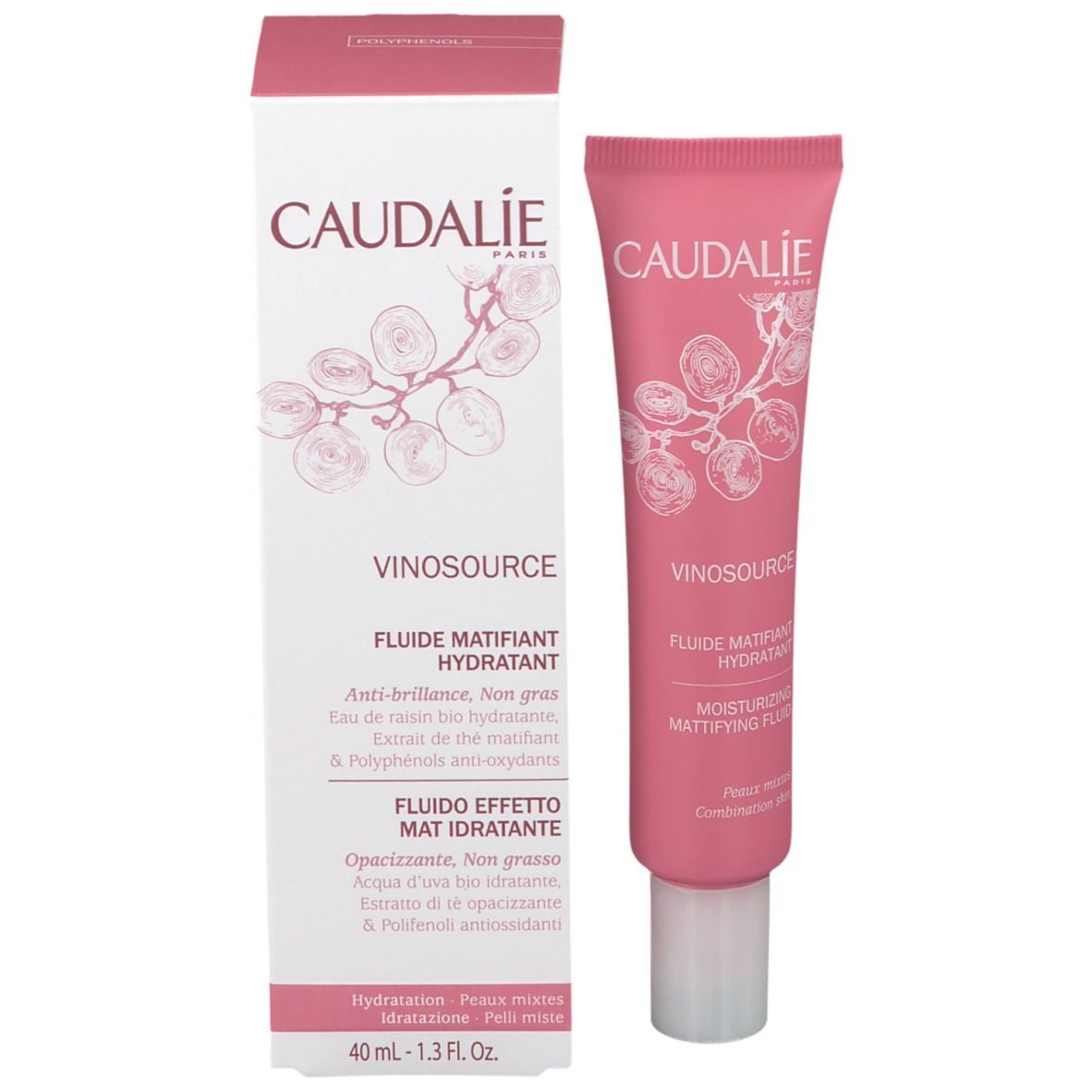 Confezione e tubo del prodotto. Scritta: CAUDALIE, Vinosource, Fluide Matifiant Hydratant, 40 ml.