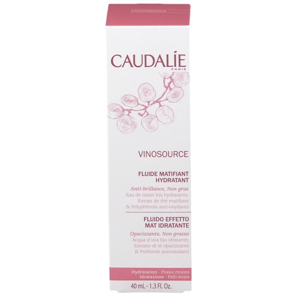 Confezione del prodotto. Scritta: CAUDALIE, Vinosource, Fluide Matifiant Hydratant, 40 ml.