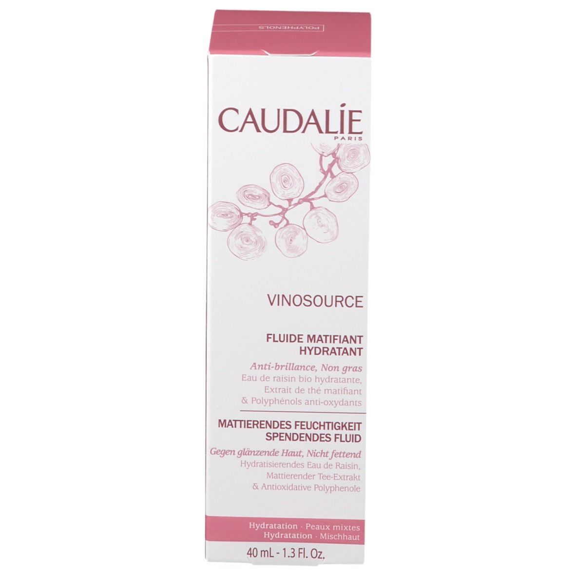 Confezione del prodotto. Scritta: CAUDALIE, Vinosource, Fluido Idratante Opacizzante, 40 ml.