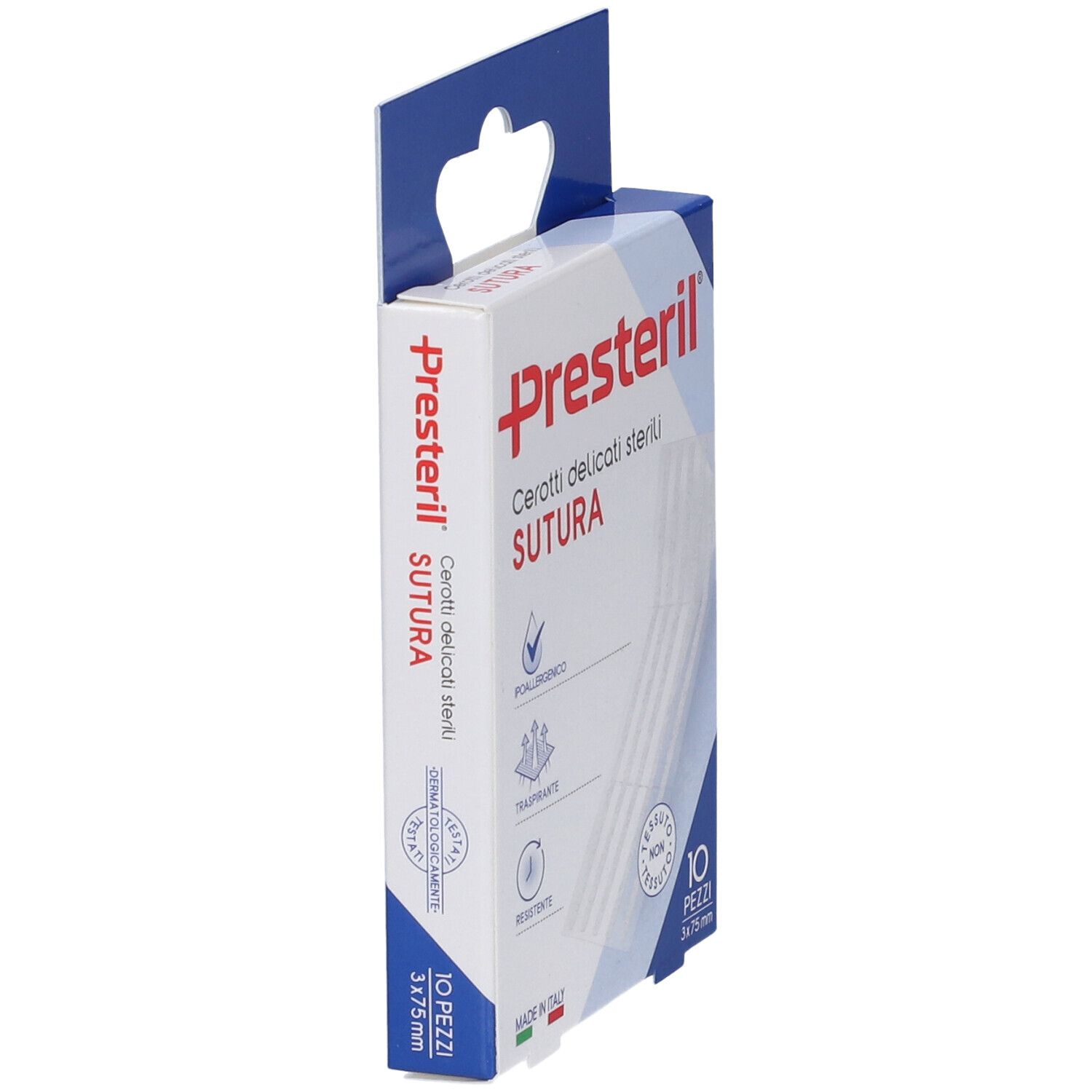 Vista laterale della confezione Presteril. Contiene 10 cerotti sterili, 3x75mm. Con gancio.