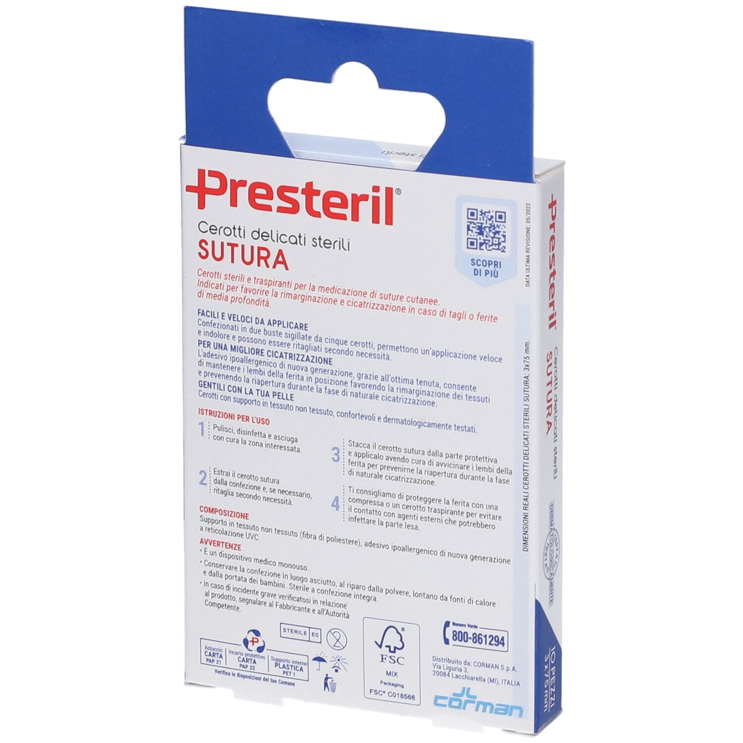 Retro della confezione Presteril. Informazioni sui cerotti. Con codice QR e certificazione FSC.