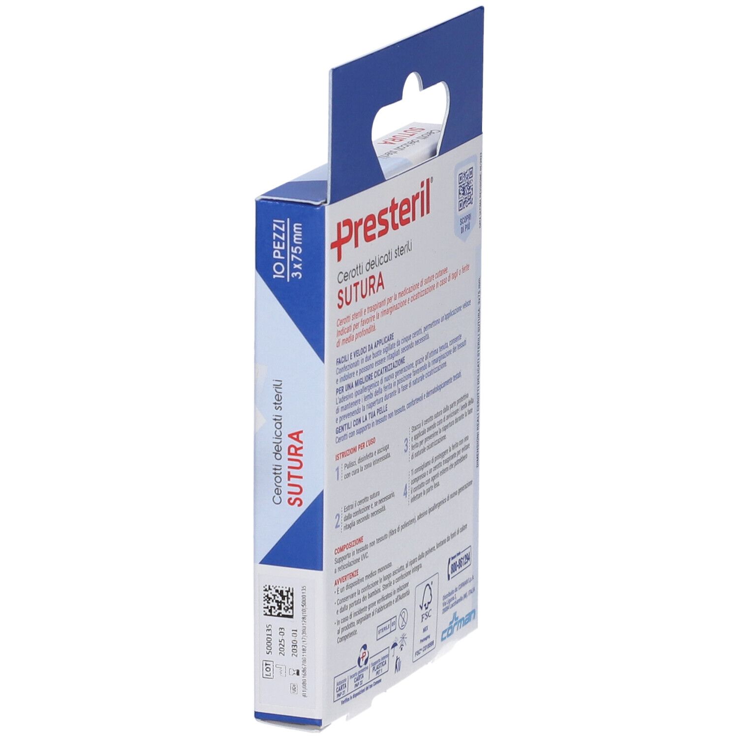 Vista laterale della confezione Presteril. Informazioni sui cerotti. Con codice QR.