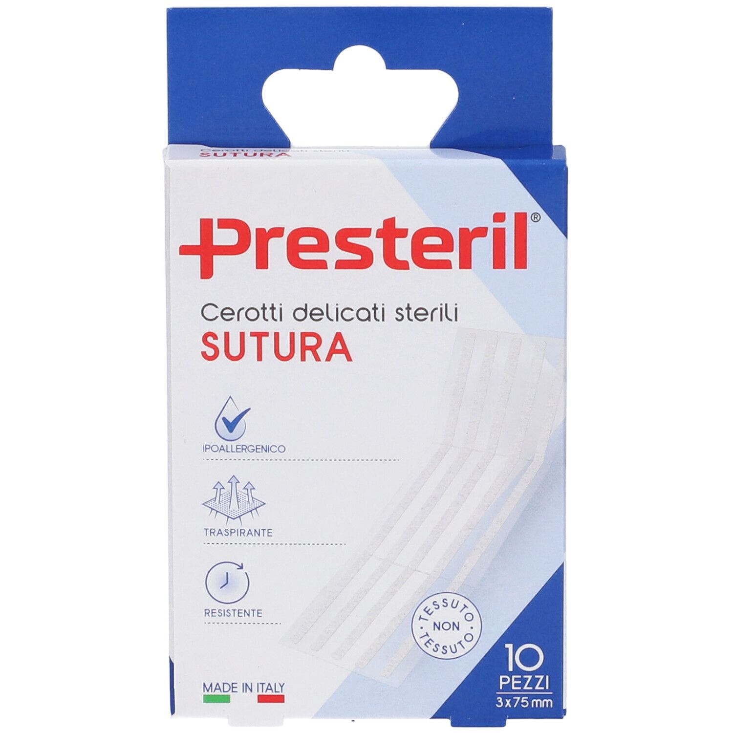 Confezione Presteril. Contiene 10 cerotti sterili, 3x75mm. Confezione con gancio per esposizione.
