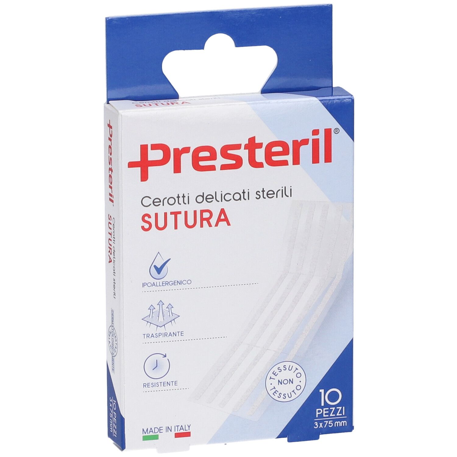 Confezione Presteril. Contiene 10 cerotti sterili, 3x75mm. Confezione con gancio per esposizione.