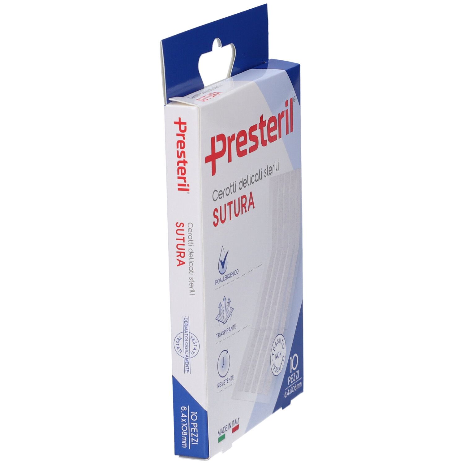 Vista laterale della confezione Presteril Cerotto per Sutura. 10 cerotti sterili. Dimensioni 6,4x108mm. Made in Italy.