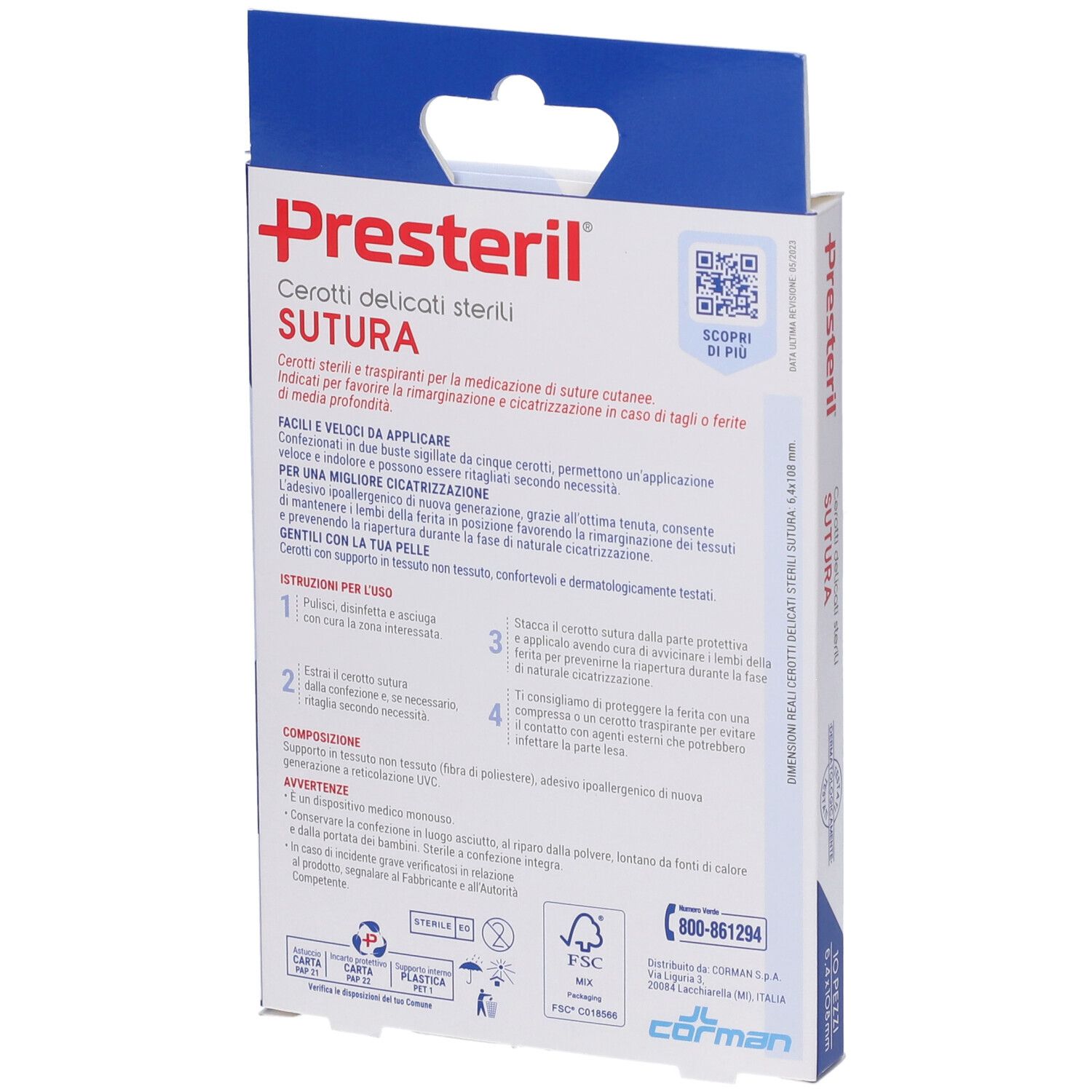 Retro della confezione Presteril Cerotto per Sutura. Contiene informazioni e istruzioni. Certificazione FSC e contatti.