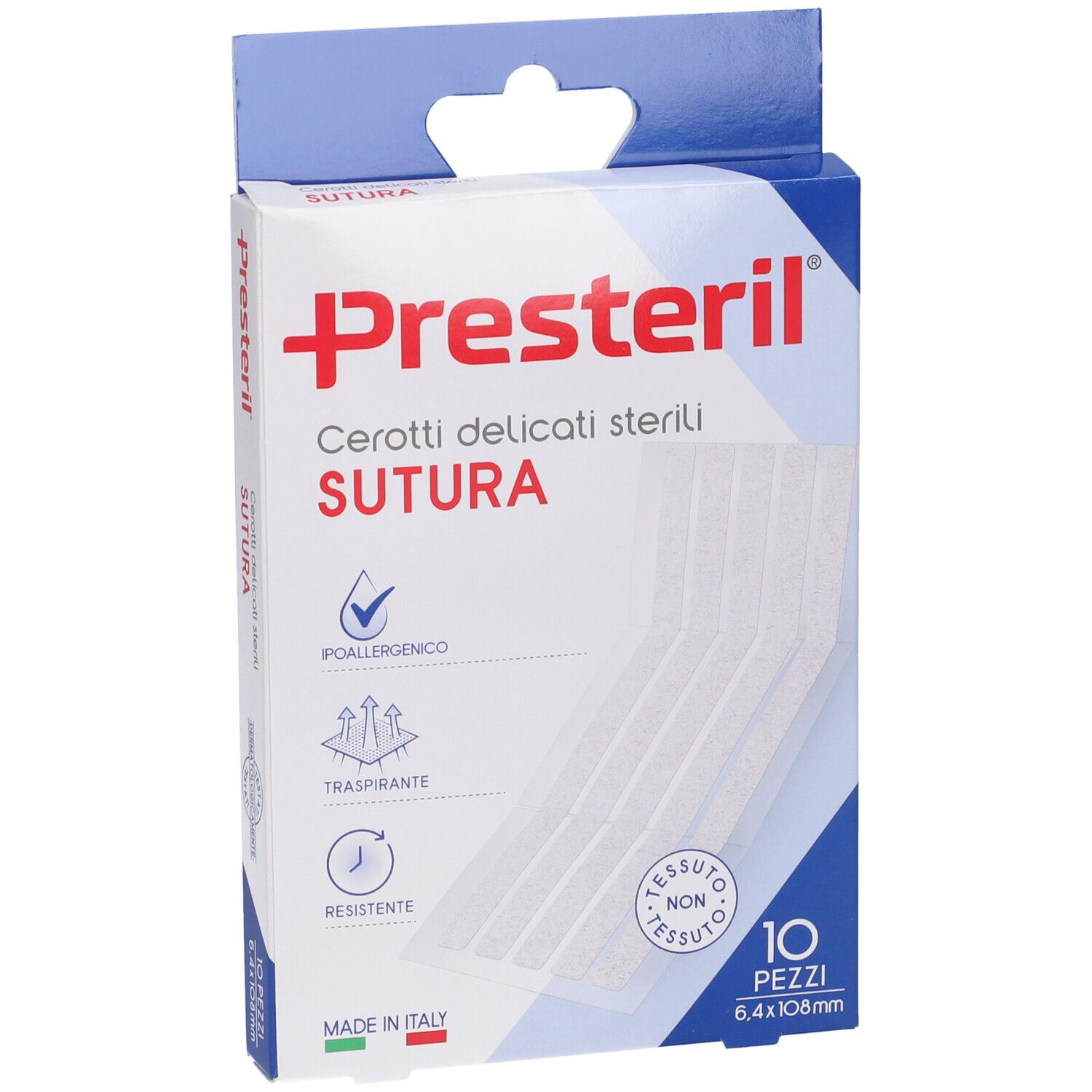 Confezione Presteril Cerotto per Sutura. 10 cerotti sterili. Dimensioni 6,4x108mm. Poallergenico, traspirante, resistente.