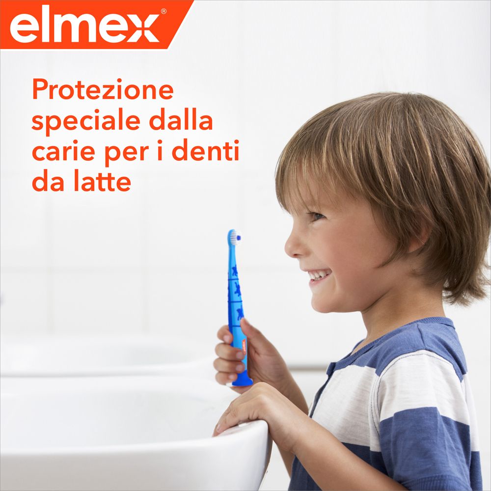 Bambino con spazzolino. Testo: Protezione speciale dalla carie per i denti da latte.