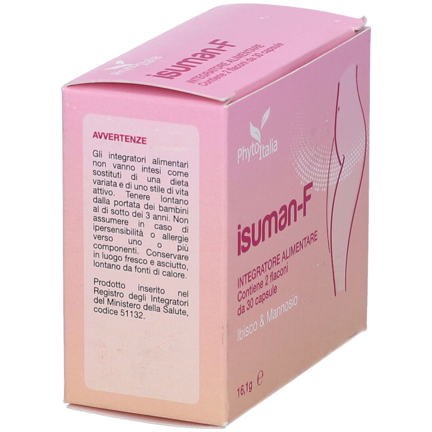 Scatola rosa con informazioni sul prodotto. Contiene avvertenze e ingredienti. Marchio: Phyto Italia.