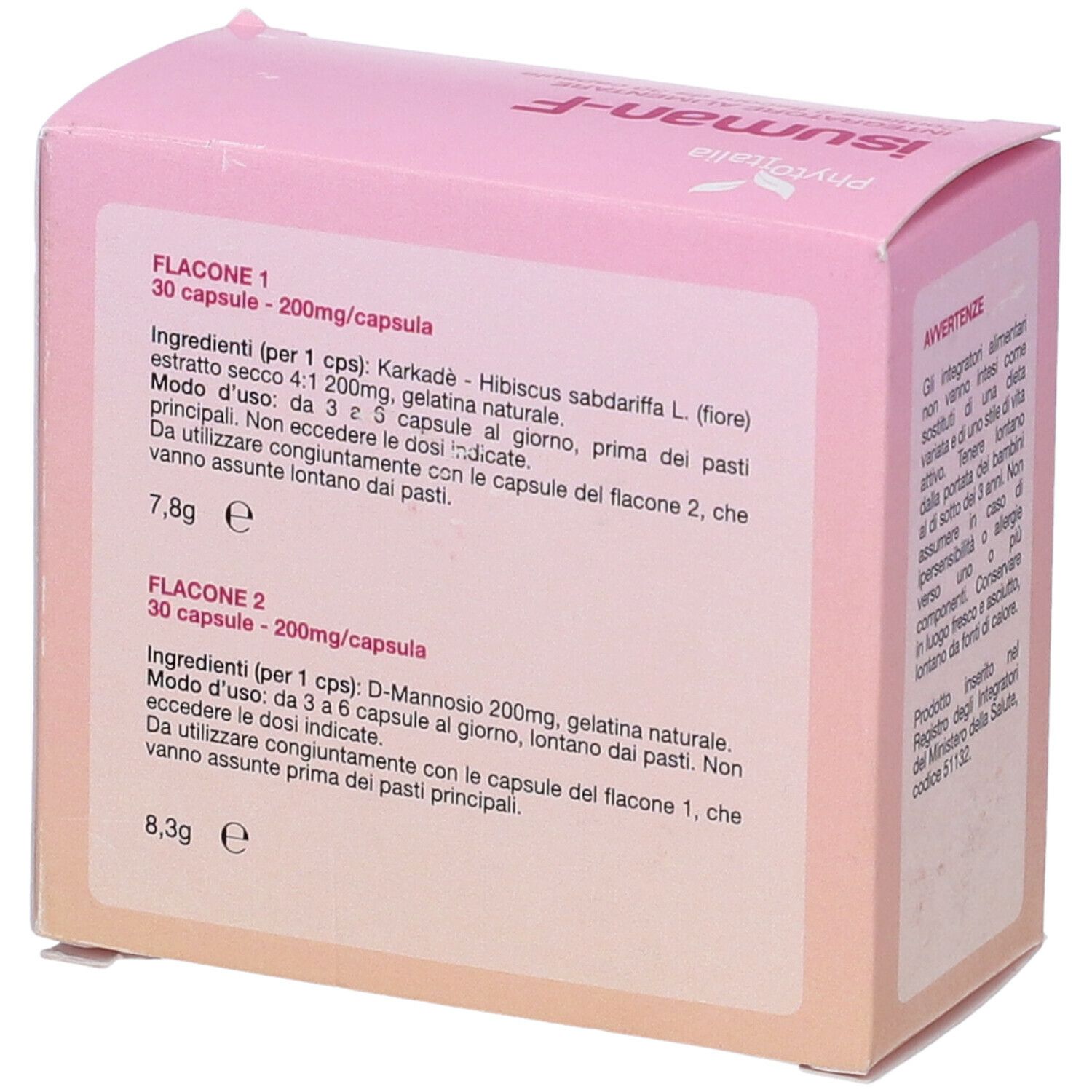 Retro della scatola rosa. Contiene informazioni sugli ingredienti e il dosaggio. Marchio: Phyto Italia.