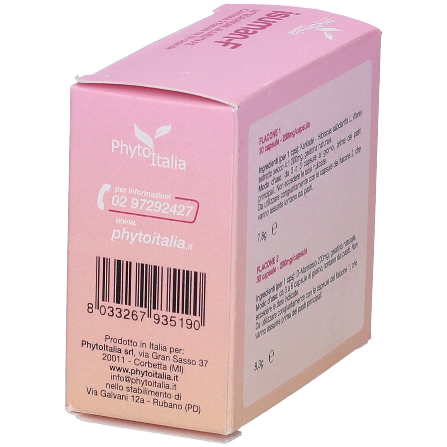 Scatola rosa con codice a barre e informazioni di contatto. Marchio: Phyto Italia. Include l'indirizzo.