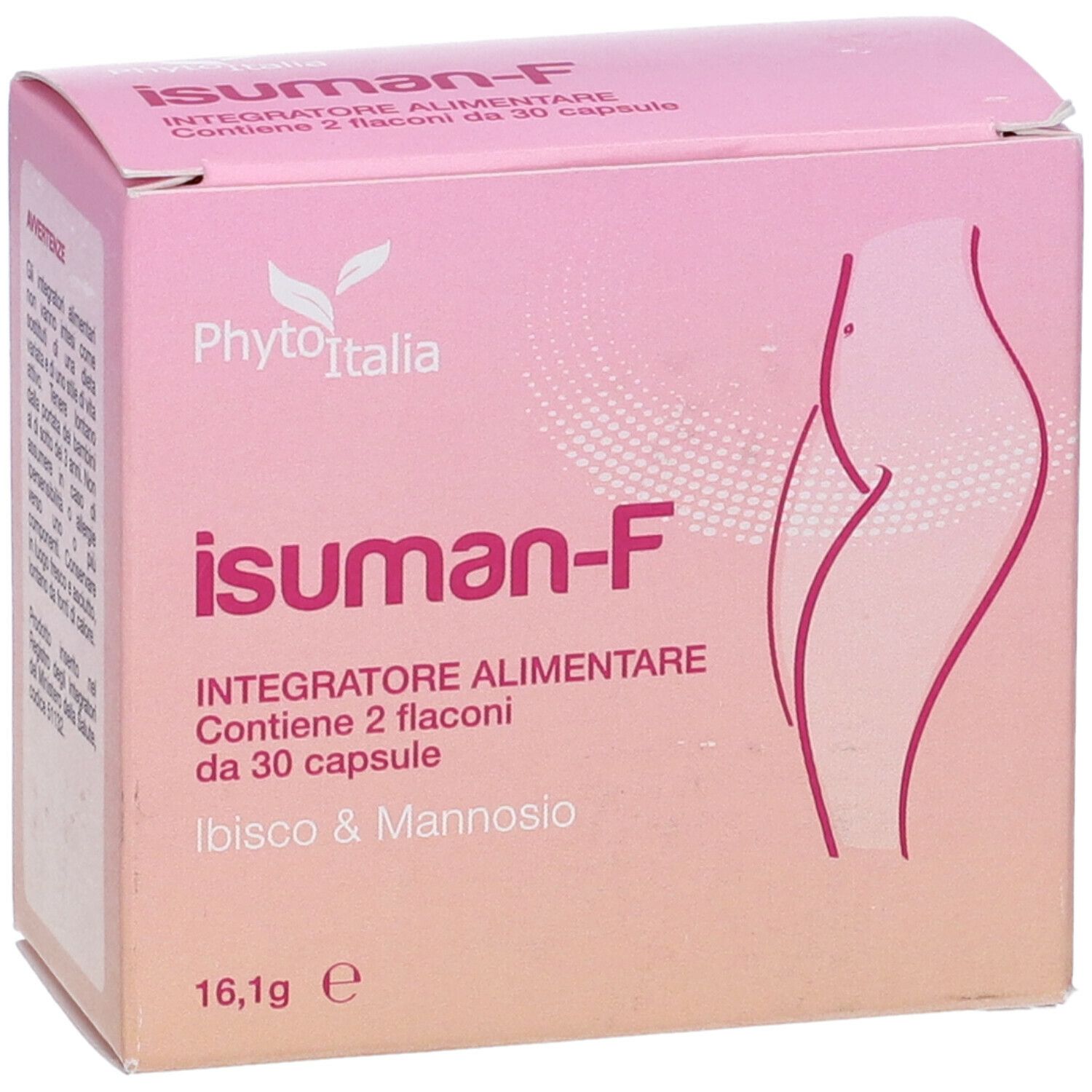 Scatola rosa con nome e logo del prodotto. Contiene 2 flaconi da 30 capsule. Marchio: Phyto Italia.