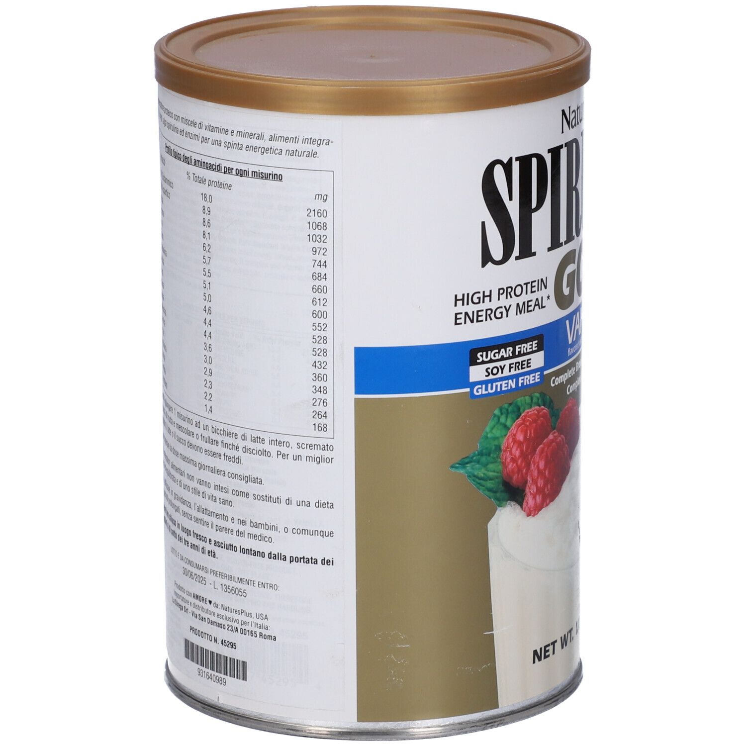 Barattolo cilindrico Spirutein Gold Vaniglia. Scritta: High Protein Energy Meal, senza zucchero, senza soia, senza glutine. Retro con informazioni nutrizionali.