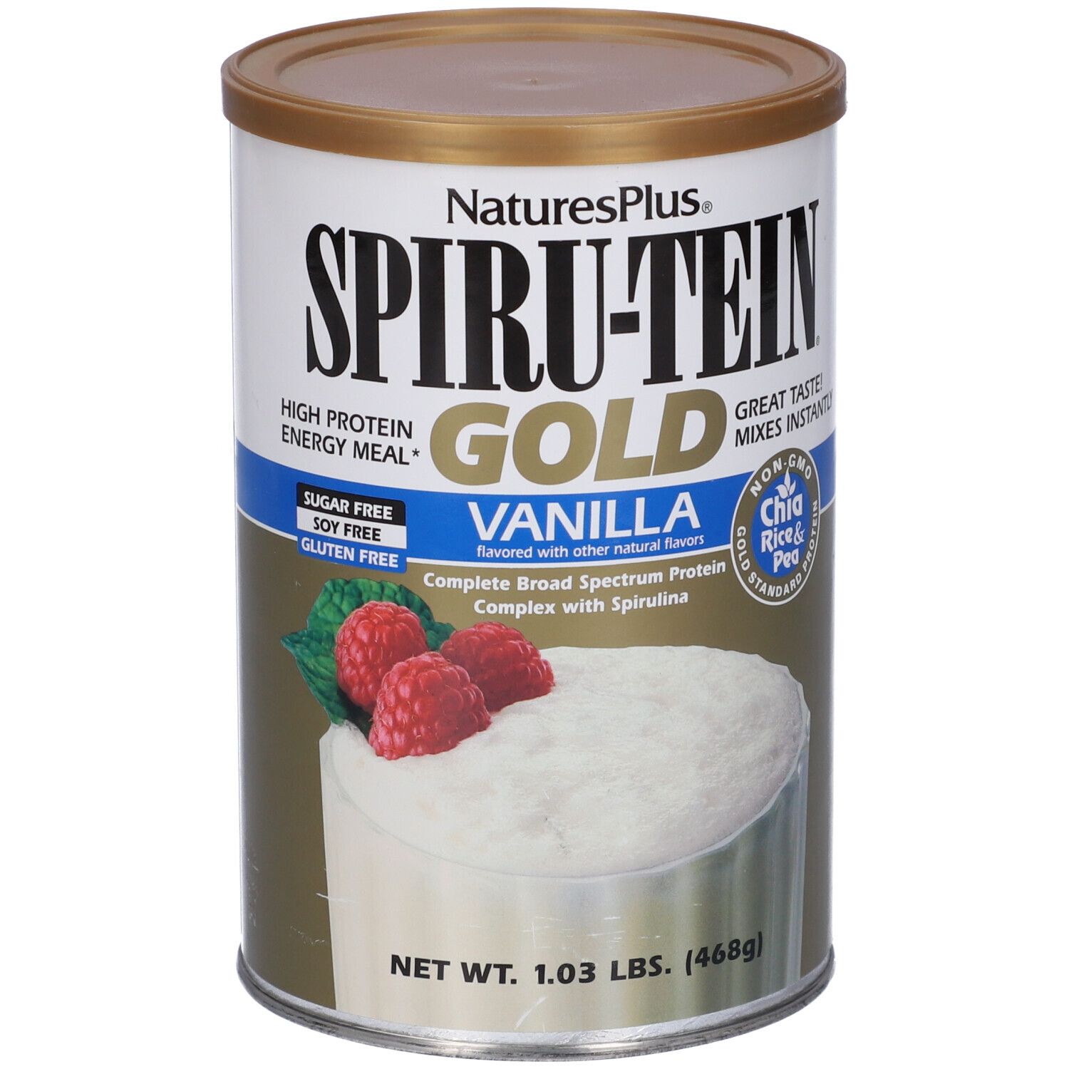 Barattolo cilindrico Spirutein Gold Vaniglia. Scritta: High Protein Energy Meal, senza zucchero, senza soia, senza glutine. Immagine con lamponi.