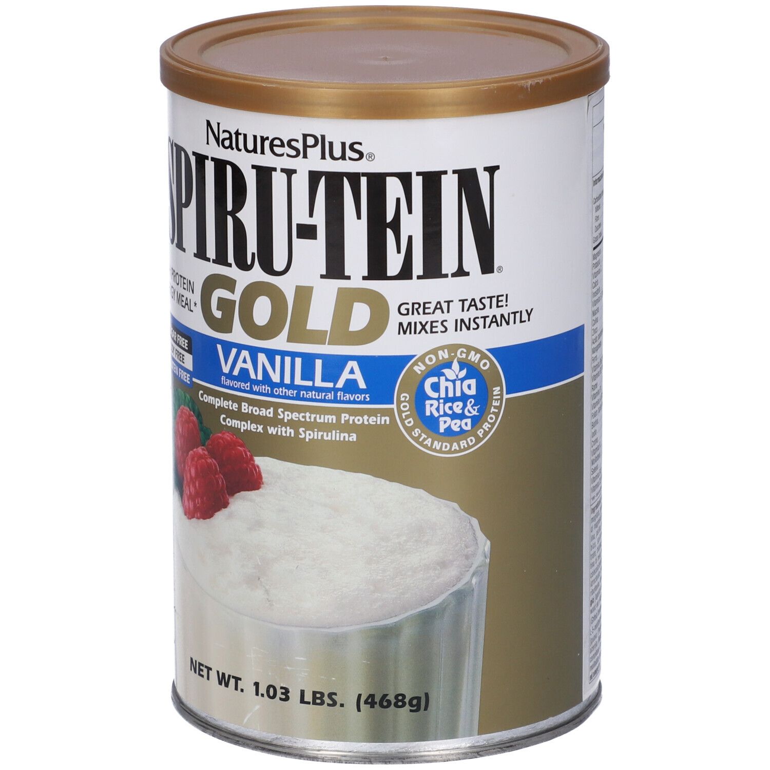 Barattolo cilindrico Spirutein Gold Vaniglia. Scritta: High Protein Energy Meal, senza zucchero, senza soia, senza glutine. Immagine con lamponi.