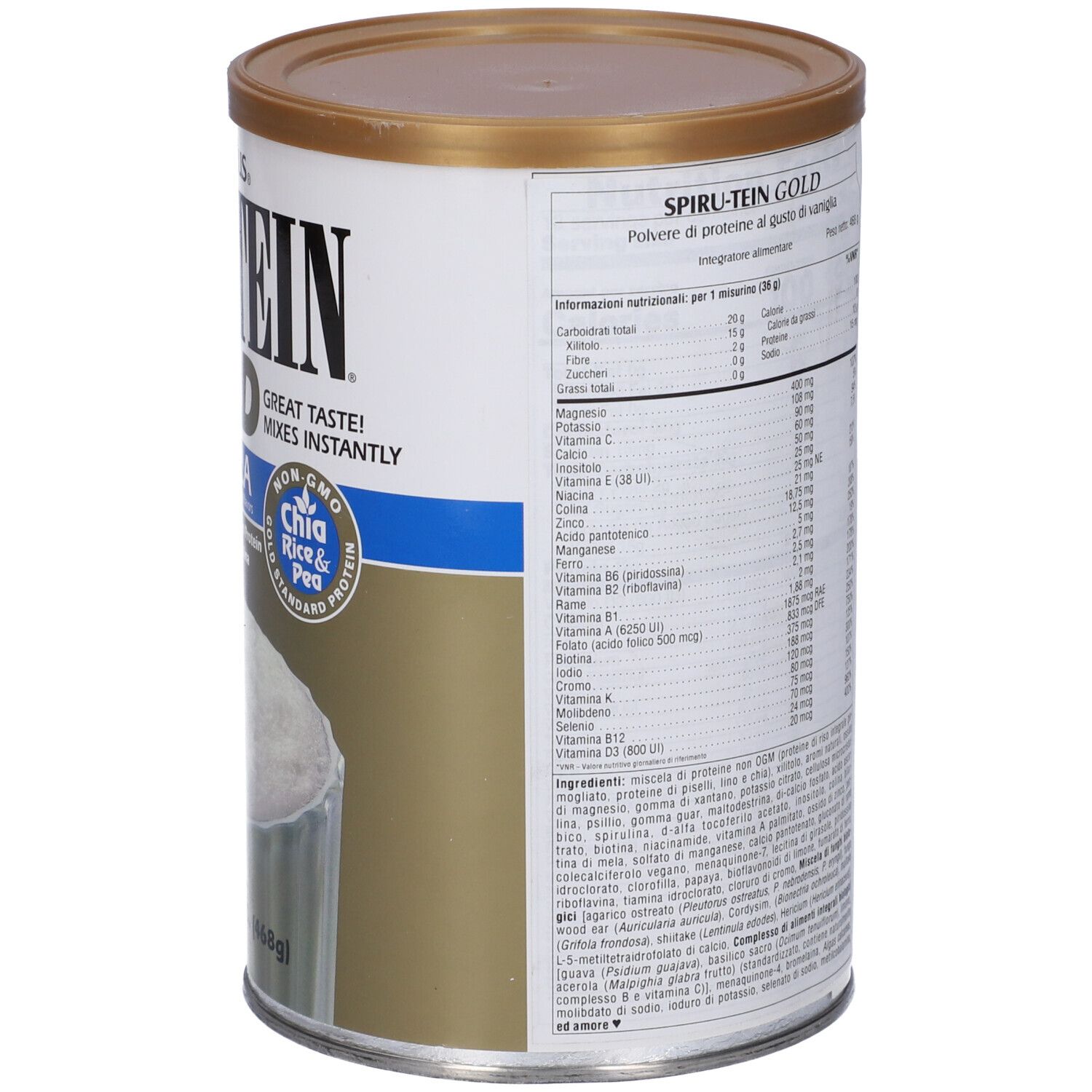 Barattolo cilindrico Spirutein Gold Vaniglia. Scritta: High Protein Energy Meal, senza zucchero, senza soia, senza glutine. Retro con informazioni nutrizionali.