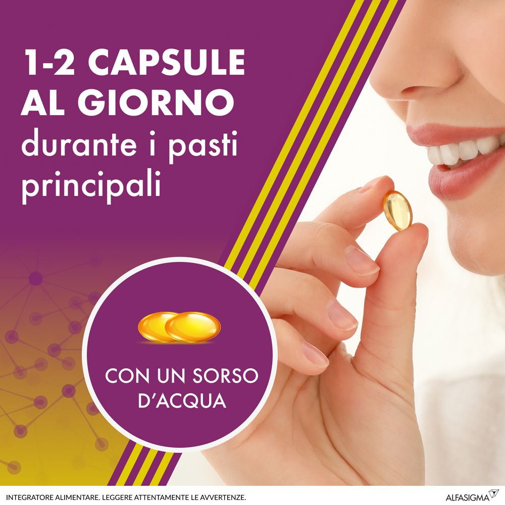 Donna prende capsula. Capsule ALAnerv ON. Assunzione: 1-2 capsule al giorno con acqua.