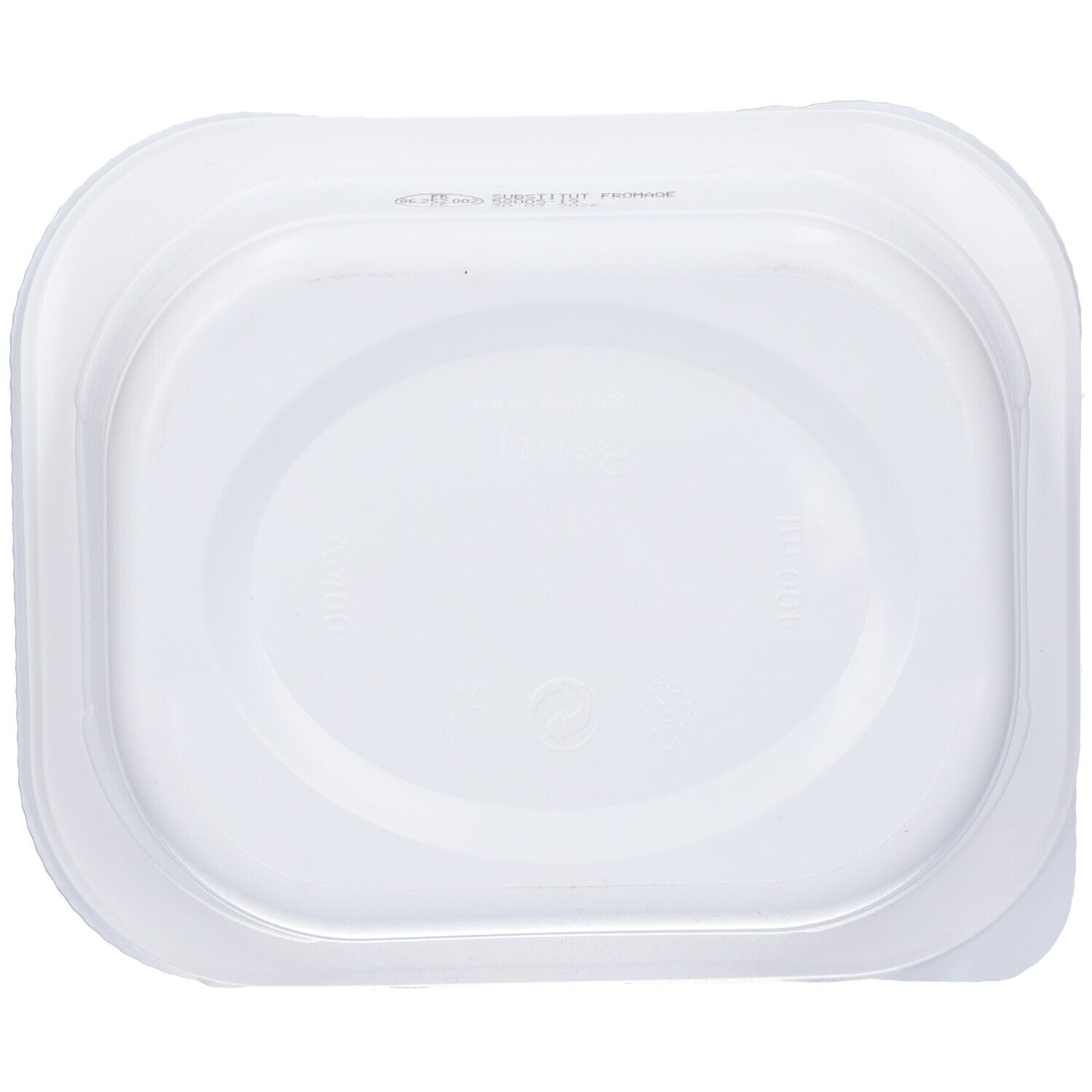 Confezione in plastica trasparente vuota. Forma rettangolare con angoli arrotondati e coperchio.