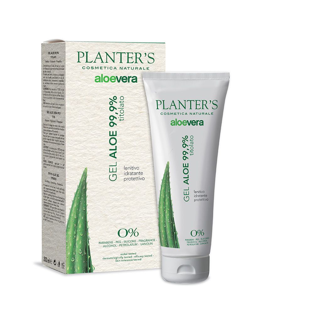 Confezione prodotto con tubo di gel all'aloe vera. Scritta: PLANTER'S, Aloe vera, Gel Aloe 99,9%, titolato. Foglia di aloe. 0%.