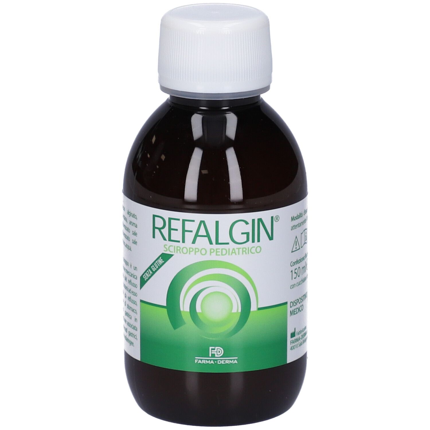 Flacone marrone con tappo bianco. Scritto: REFALGIN® Sciroppo Pediatrico. Senza glutine.