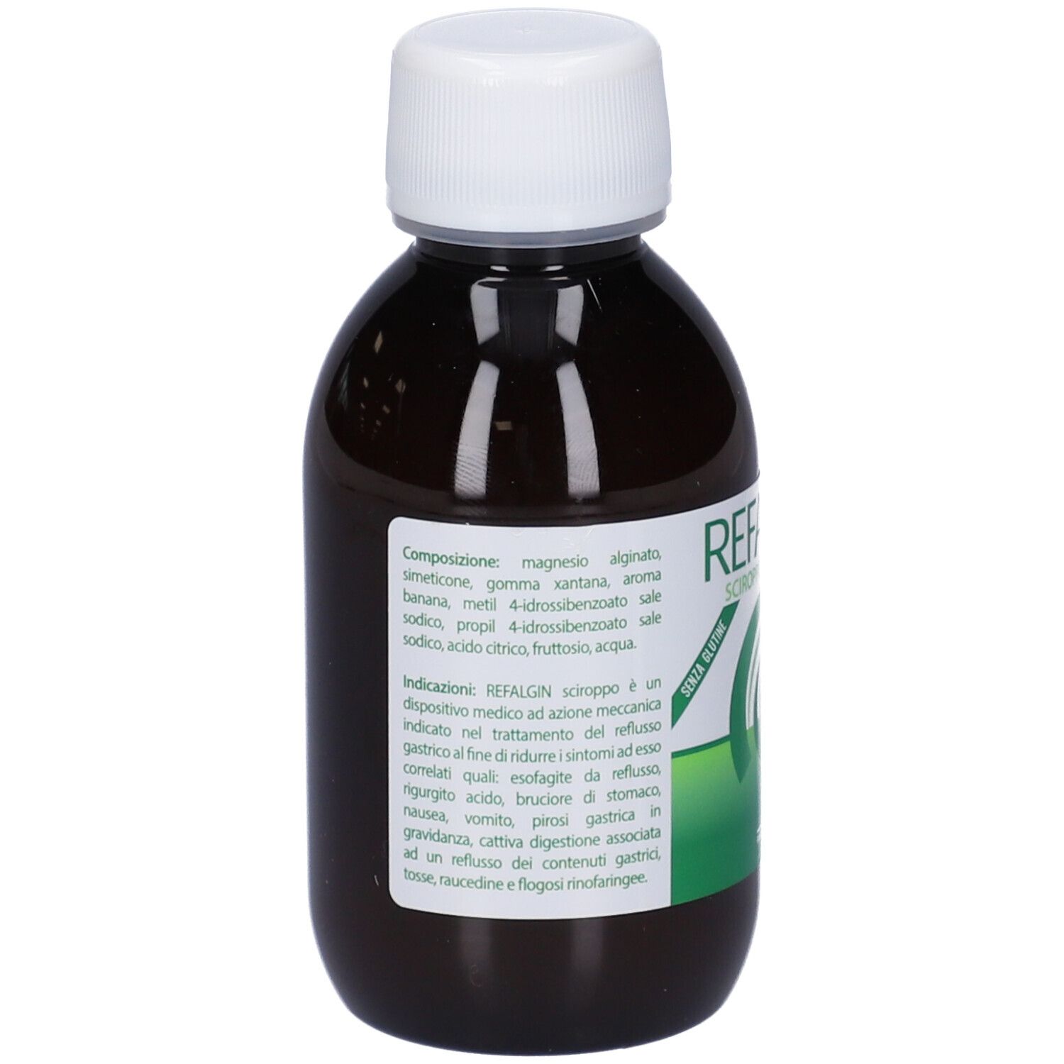 Flacone marrone con tappo bianco. Informazioni testuali sull'etichetta. REFALGIN® Sciroppo Pediatrico.