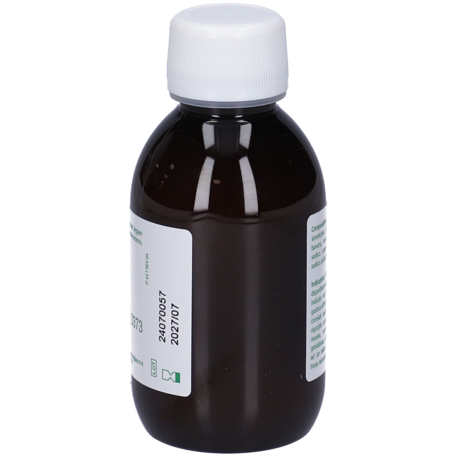 Flacone marrone con tappo bianco. Etichetta con testo e numero di lotto. REFALGIN® Sciroppo Pediatrico.