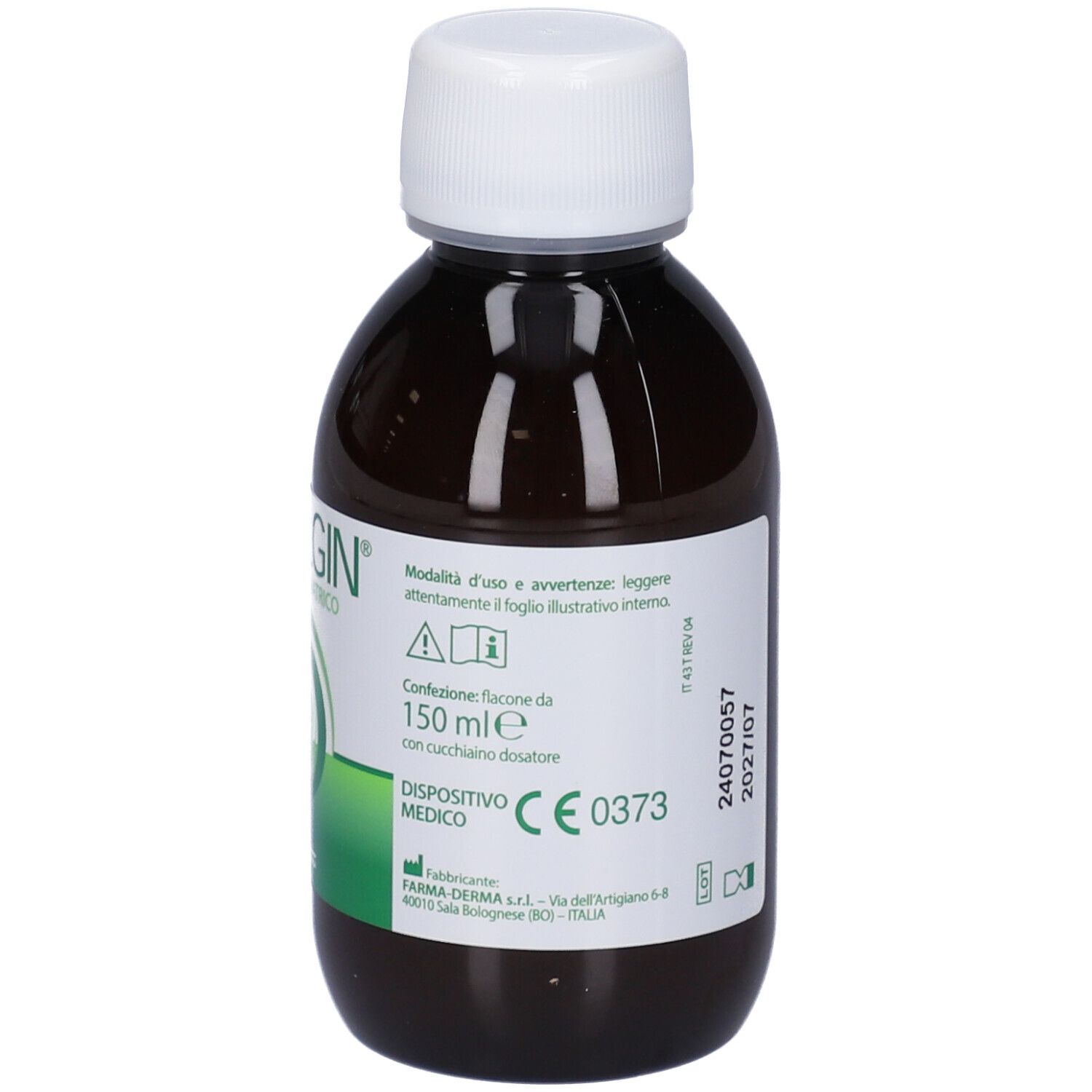 Flacone marrone con tappo bianco. Etichetta con testo. REFALGIN® Sciroppo Pediatrico. CE 0373.