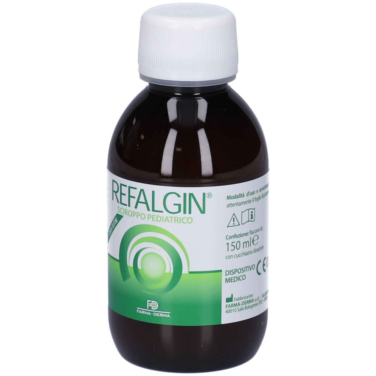 Flacone marrone con tappo bianco. Scritto: REFALGIN® Sciroppo Pediatrico. Con cucchiaino dosatore.