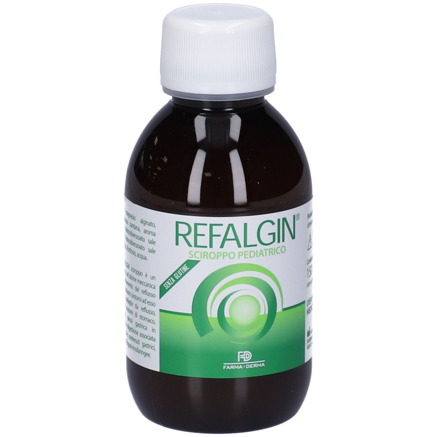 Flacone marrone con tappo bianco. Scritto: REFALGIN® Sciroppo Pediatrico. Senza glutine.