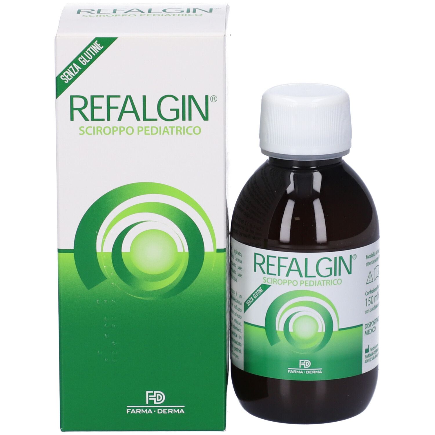 Flacone marrone con tappo bianco. Scritto: REFALGIN® Sciroppo Pediatrico. Senza glutine.