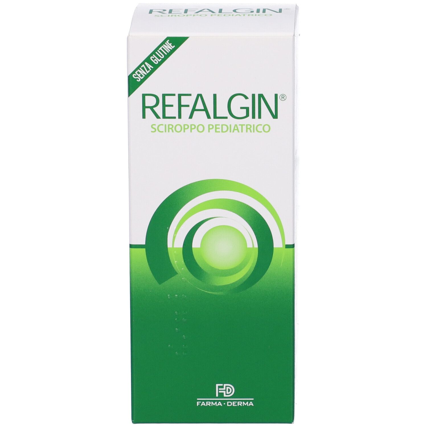 Scatola e flacone. Scritto: REFALGIN® Sciroppo Pediatrico. Senza glutine. Flacone marrone.