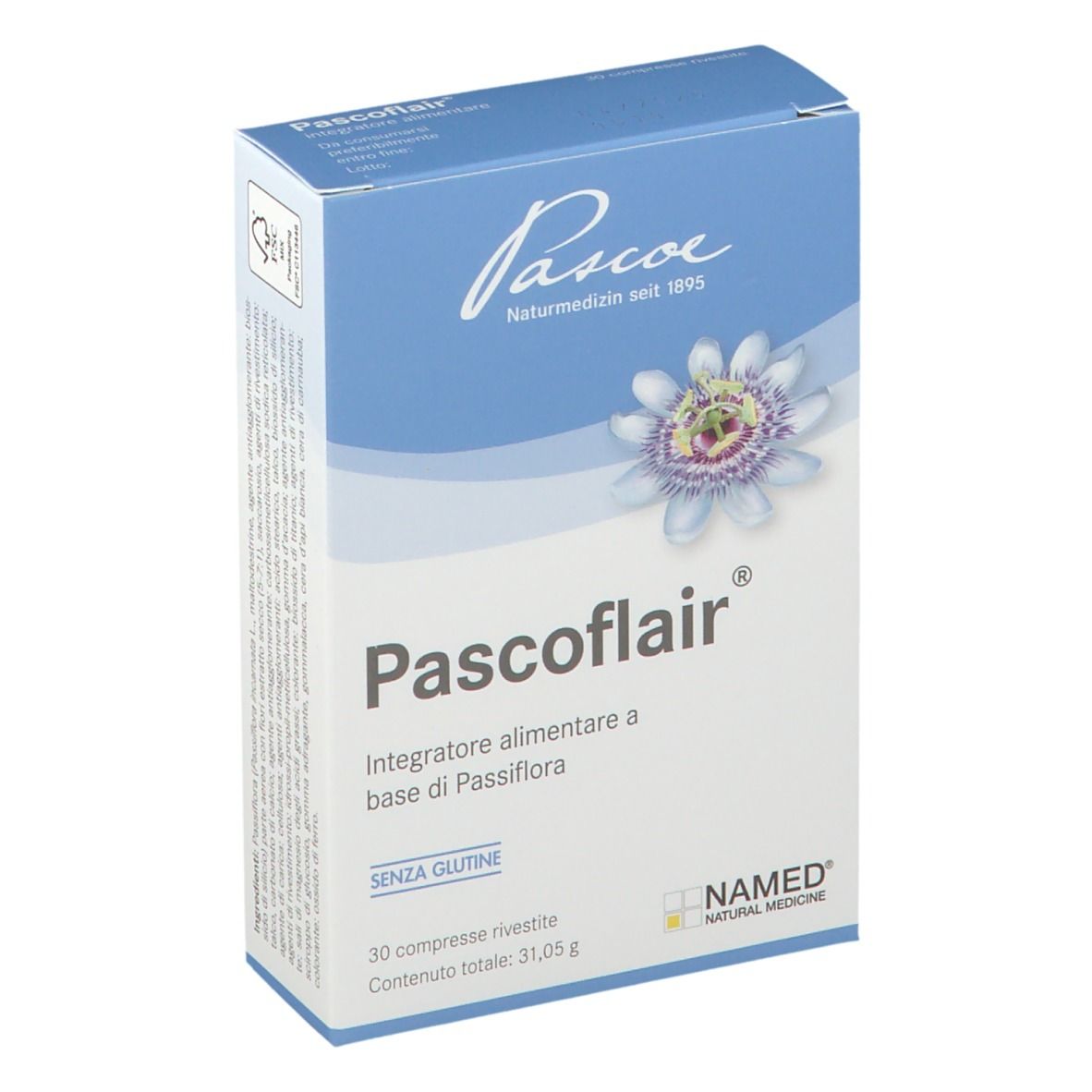 Scatola Pascoe Pascoflair. Scritto: Pascoflair, NAMED, 30 compresse, senza glutine. Illustrazione floreale.