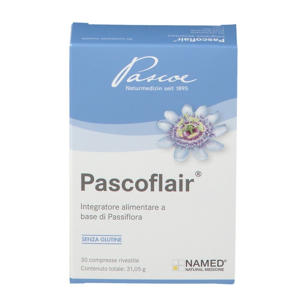 Scatola Pascoe Pascoflair. Scritto: Pascoflair, NAMED, 30 compresse, senza glutine. Illustrazione floreale.