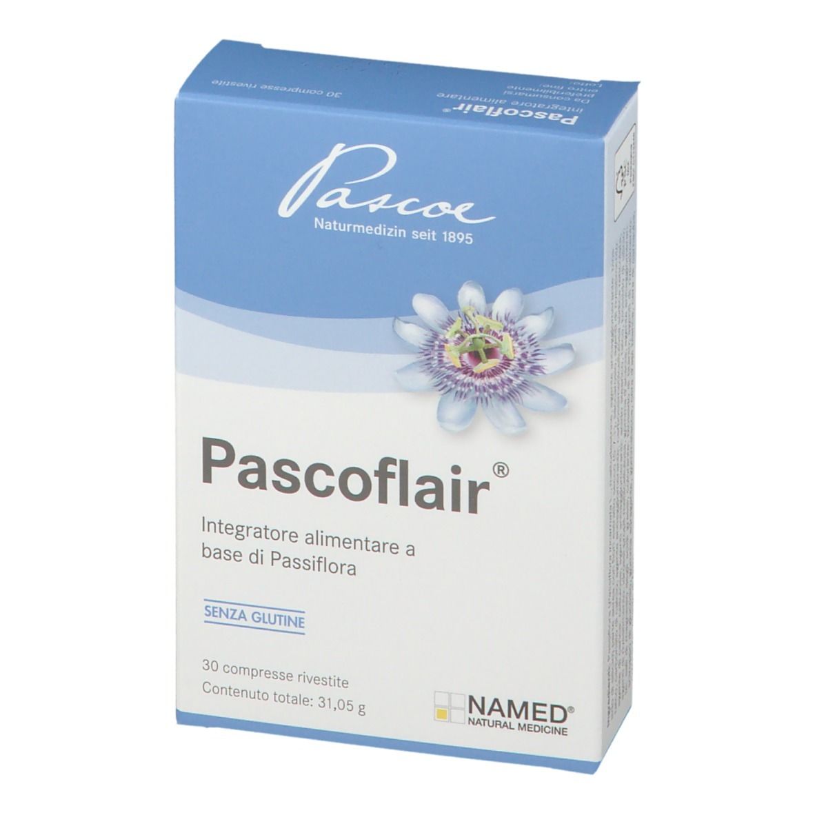 Scatola Pascoe Pascoflair. Scritto: Pascoflair, NAMED, 30 compresse, senza glutine. Illustrazione floreale.