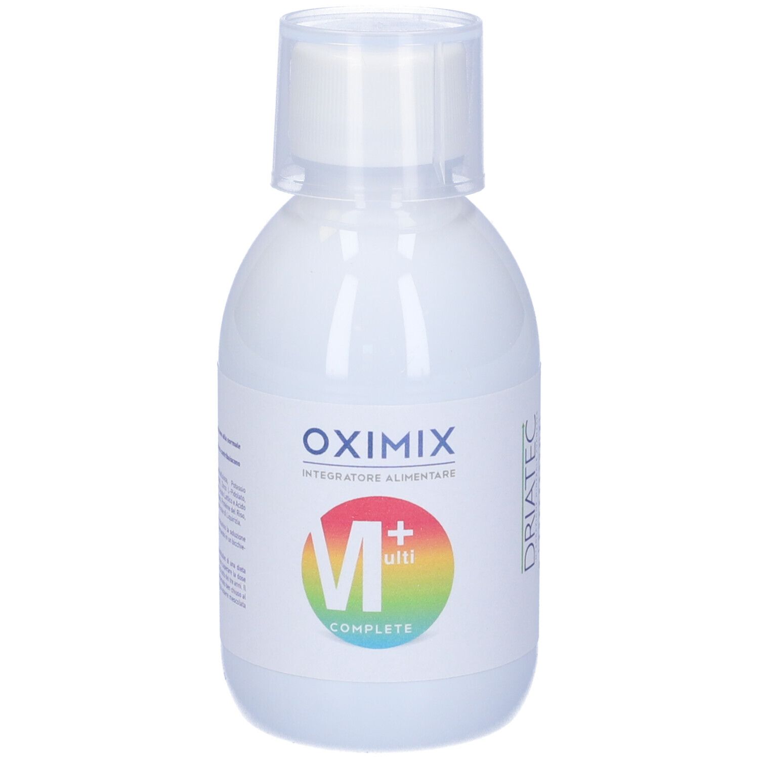 Flacone bianco Oximix Multi+Complete. Logo M+ su cerchio colorato. Testo: Integratore Alimentare.