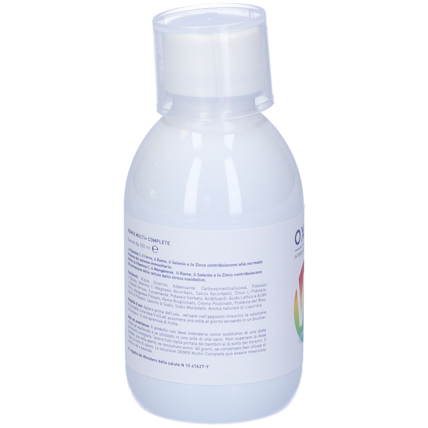 Flacone bianco con testo. Retro con ingredienti e informazioni nutrizionali. Oximix Multi+Complete.