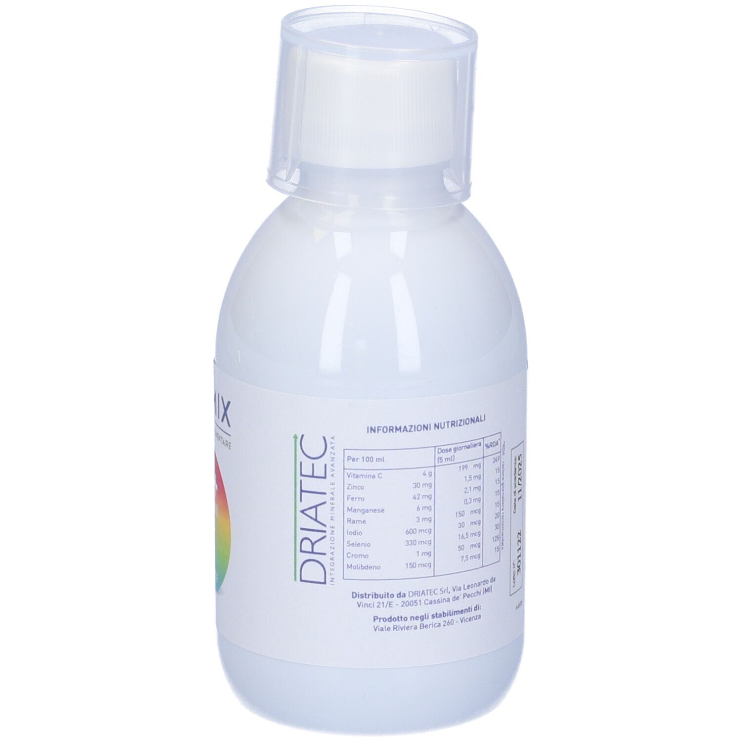 Flacone bianco con testo. Retro con informazioni nutrizionali. Oximix Multi+Complete. Logo Driatec.