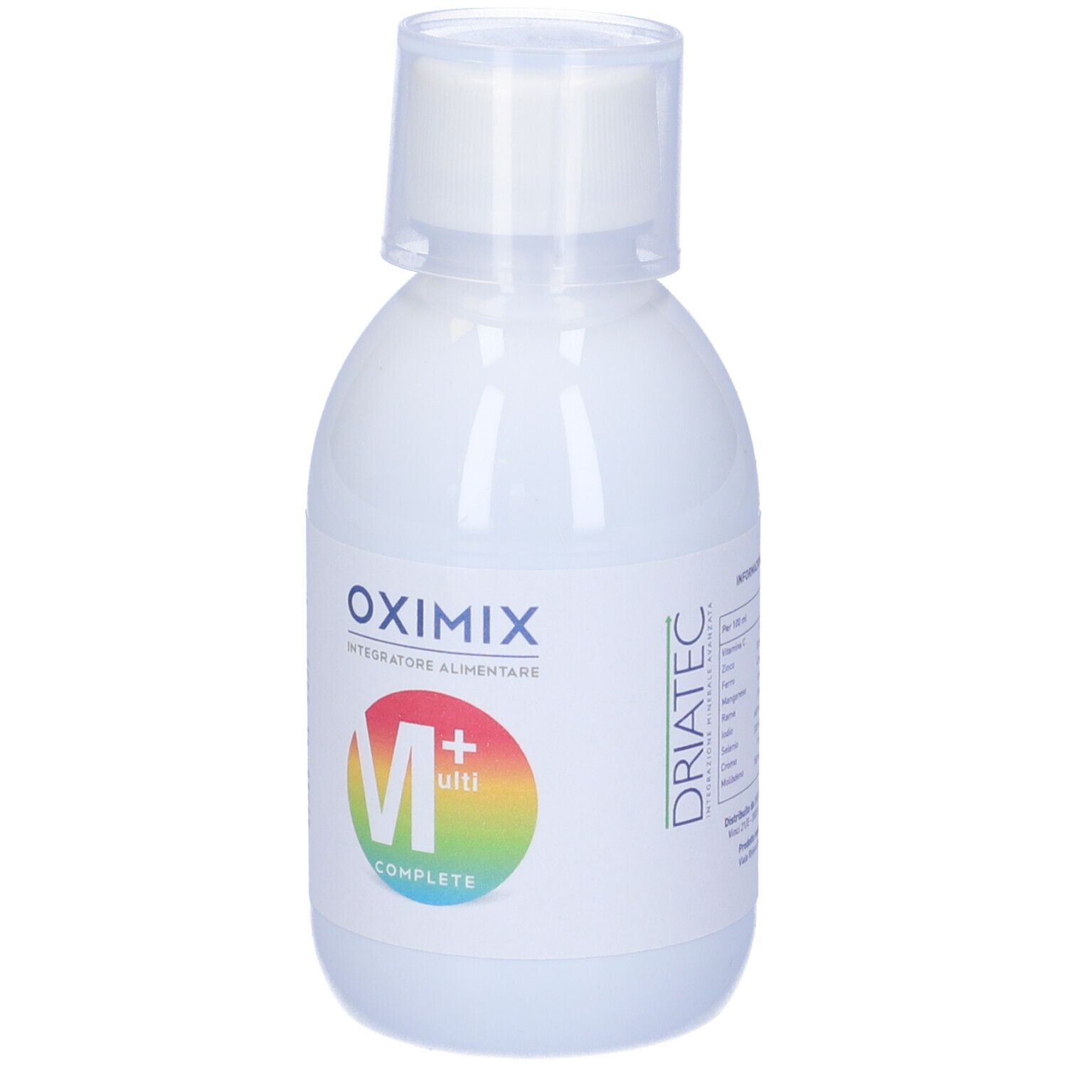 Flacone bianco Oximix Multi+Complete. Logo M+ su cerchio colorato. Testo: Integratore Alimentare.