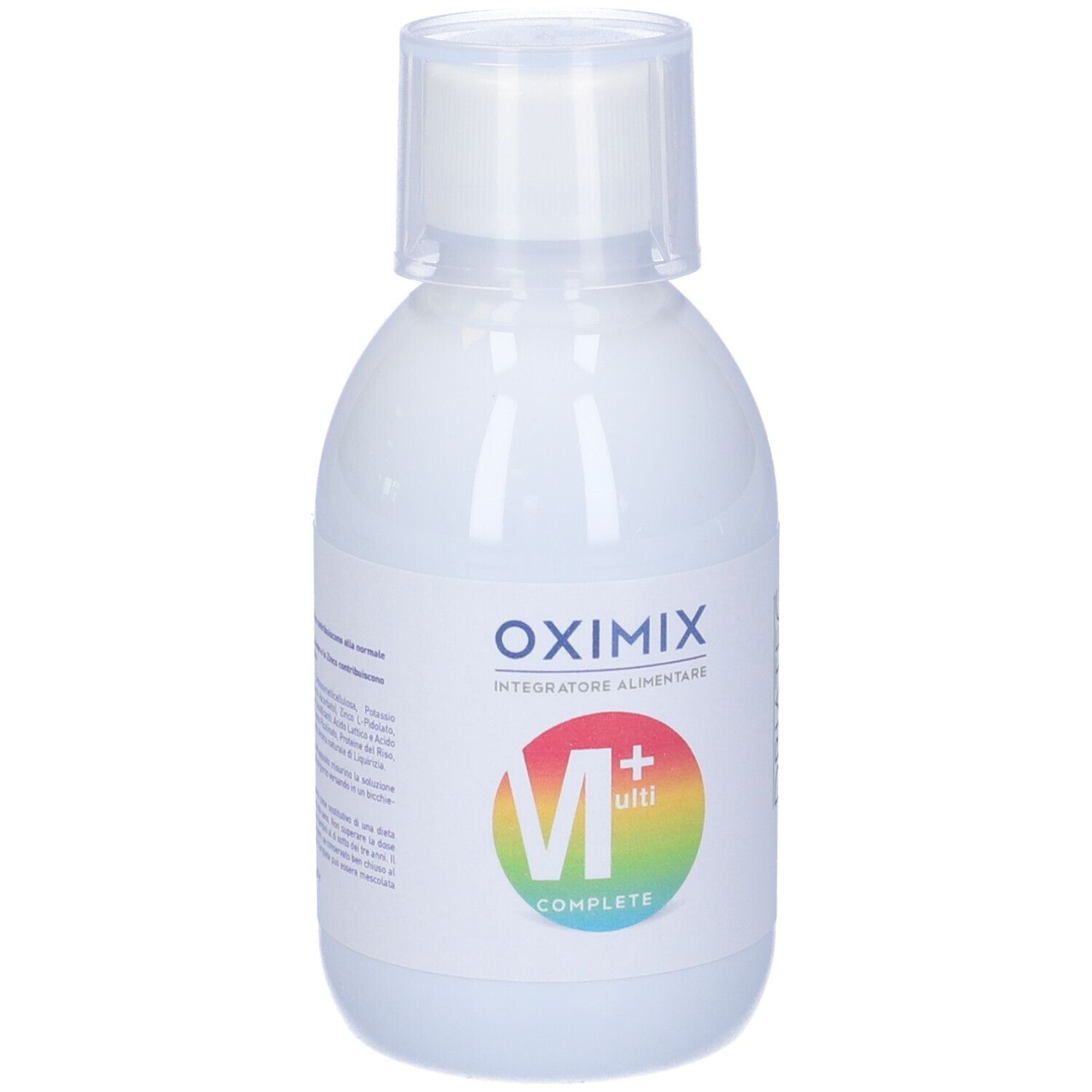 Flacone bianco Oximix Multi+Complete. Logo M+ su cerchio colorato. Testo: Integratore Alimentare.