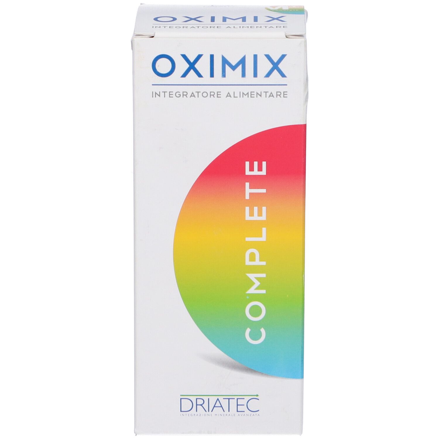 Scatola bianca Oximix Multi+Complete. Logo M+ su cerchio colorato. Testo: Integratore Alimentare.