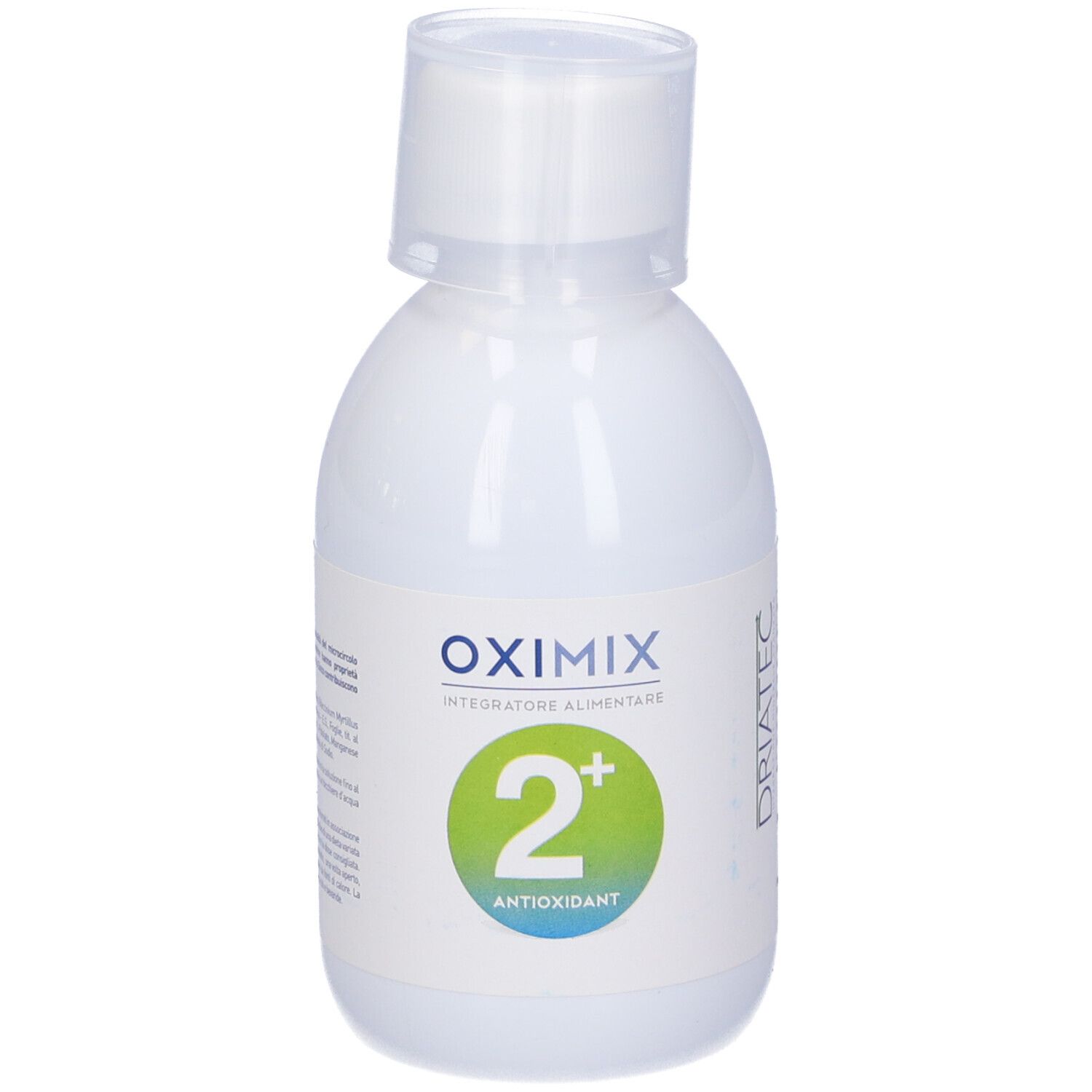 Flacone bianco Oximix 2+ Antioxidant. Cerchio verde con "2+" e "Antioxidant". Tappo bianco. Testo: "Integratore Alimentare".