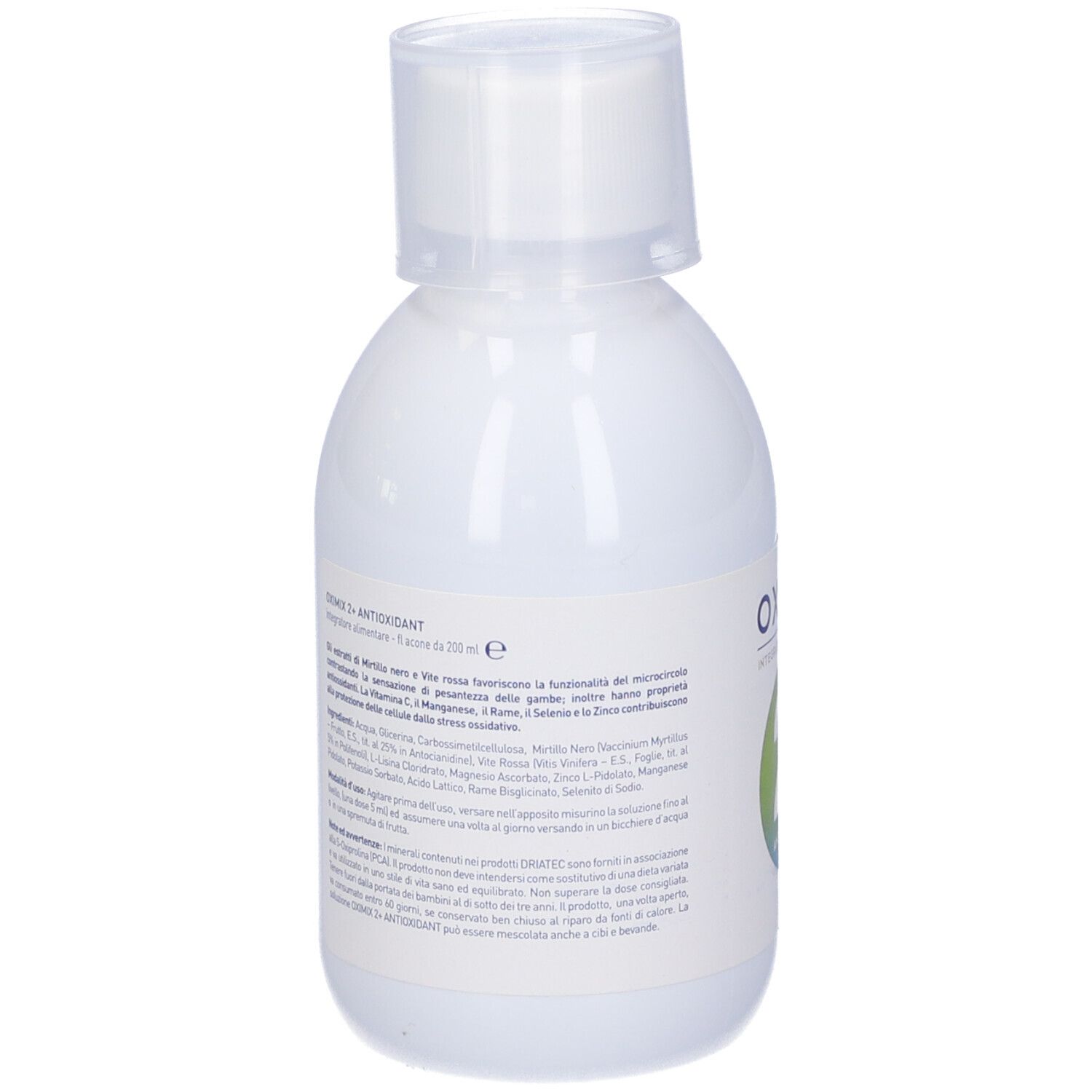 Flacone bianco Oximix 2+ Antioxidant. Retro con testo. Tappo bianco. Testo: "Integratore Alimentare".